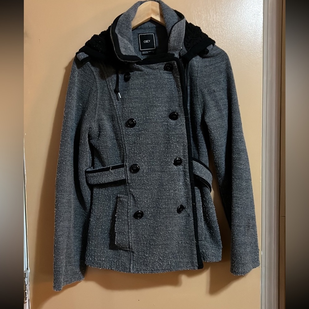 Obey detachable hooded peacoat grey